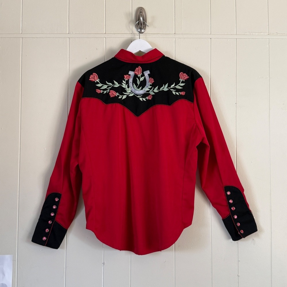 Scully Womens Red Western Snap Embroidered Horseshoe Rose Shirt  Size XL Cowgirl - Picture 2 of 10